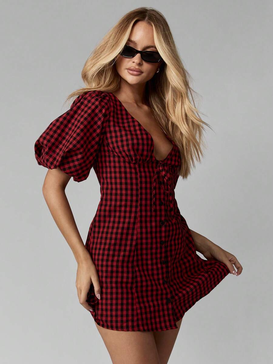 MISSGUIDED Summer Gingham Mini Dress Button Down Empire Waist Puff Sleeve Tie Front Bow Back A Line Retro Style Christmas - Red and Black - View 1