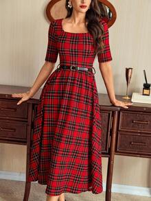 Vintamour Đầm nữ cổ điển thanh lịch, đầm kẻ caro ôm dáng với cổ vuông, tay lửng, thắt lưng, túi, đầm dài mùa hè/thu đông cho nữ, đầm nữ mùa thu đông, đầm Giáng sinh, đầm năm mới, quần áo năm mới cho nữ, đầm kẻ caro, đầm đỏ, đầm kẻ caro nữ, đầm kẻ caro đỏ có thắt lưng, đầm midi kẻ caro, đầm Giáng sinh. - Đỏ - Xem 6