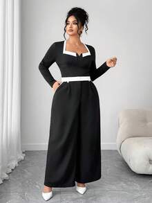 Elenzga Bộ đồ thanh lịch áo dài tay màu tương phản và quần ống rộng xếp ly cho nữ cỡ lớn - Đen và trắng - Xem 5