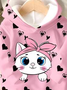 Sparklyn 2pcs/Set Girls Casual Fashionable Creative Heart & Cute Cat Graphic Print Hoodie Sweatshirt And Sweatpants Set, Suitable For Autumn/Winter Fall - Multicolor - View 6