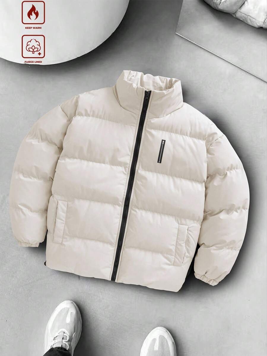 Manfinity Roghcode Men's Solid Color Zip-Up Casual Winter Jacket, For Fall - Beige - View 1