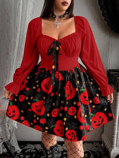 Whyspr New Elegant Halloween Vacation Design Halter Bow Decor Pumpkin Print Lantern Sleeve Waist Cinched A-Line Short Dress, Romantic