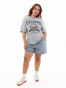 Solavibe Plus Size Casual Minimalist American Landscape Slogan Graphic Round Neck Short Sleeve Loose T-Shirt, Suitable For Holiday, Spring/Summer Suitable For Going Out - Grey - View 4