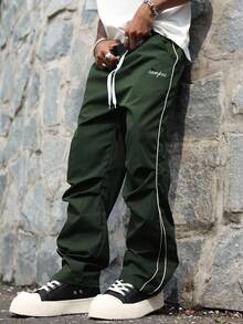 Manfinity Hypemode Men's Street Collegiate Style Pants, For Fall - Army Green - View 4