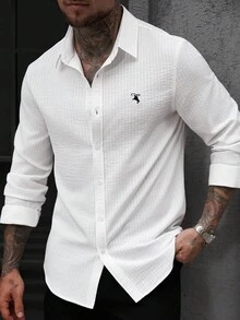Manfinity Homme 男士白色提花条纹休闲商务刺绣长袖衬衫，秋季 - 白色 - 查看 1
