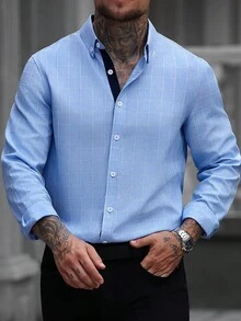 Manfinity Mode Men's Business Casual Plaid Long Sleeve Shirt, Fall