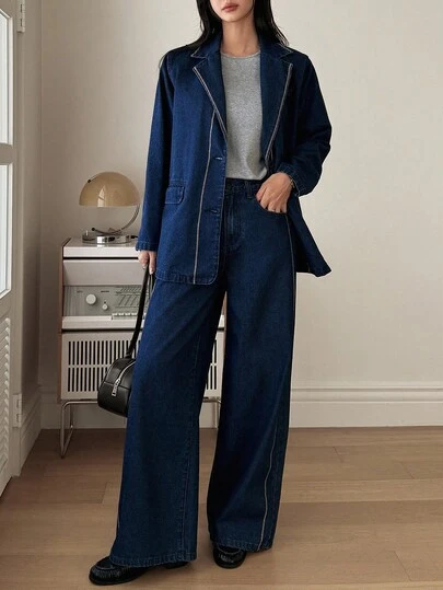 DAZY 女士翻领拼色宽松牛仔外套和直筒牛仔裤休闲套装