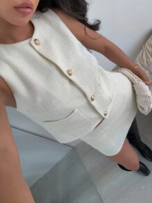 SHEIN EZwear Elegant Winter Clothes Elegant Women's Set Old Money White Woven Fitted Suit For Women, Office Wear Cream Two Piece Set - Apricot - View 3