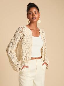 Travachic Cardigan décontracté à manches longues et ajouré pour femmes, léger, pour l'automne. Hauts au crochet pour femmes, pour les fêtes de Noël, le Nouvel An, les invités de mariage, la remise des diplômes élégante, le bal de promo de luxe, le style décontracté - Nude - Voir 2