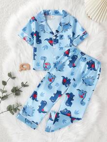 2pcs Young Boy Cute Dinosaur Print Short Sleeve Cardigan And Pants Casual Pajama Set