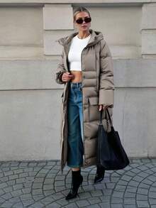 EURMUSE Lange Ärmel Reißverschluss vorn Druckknöpfe Körperklappen Taschen Lang Ärmel Winter Daunenjacke