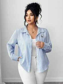 SHEIN Tall CURVE Plus Size Casual/Work Striped Embroidered Detail Shirt - Multicolor - View 4