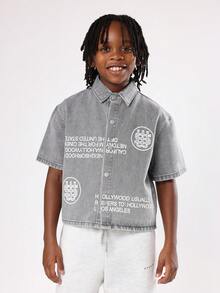 SUMWON Cotton Tween Boys Oversized Short Sleeve Denim Button Down Street Style White Text Print Retro Typography Los Angeles Shirt Light Vintage Wash Casual Everyday Wear