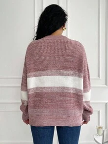 EURMUSE Suéter oversize de hombros caídos con bloques de color, para invierno - Rosa vieja - View 2