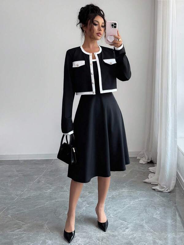 Rafferiza 2pcs/Set Women's French Style Patchwork Long Sleeve Dress