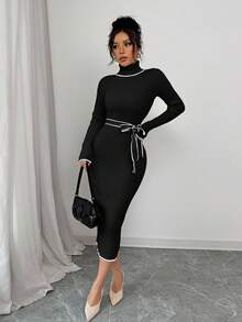 Selianne Women's Elegant Turtleneck Fitted Ribbed Texture Bowknot Sweater Dress - Black - View 5