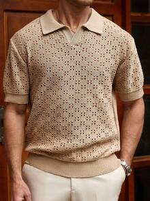 Manfinity Homme Men's Solid Color Short Sleeve Hollow Simple Casual Knit Top - Apricot - View 7