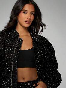MISSGUIDED Áo khoác denim bomber cotton chấm bi thiết kế cổ điển cho mùa thu đông, in họa tiết toàn thân, phong cách cổ điển, dáng ngắn, dạo phố - màu đen - Xem 4