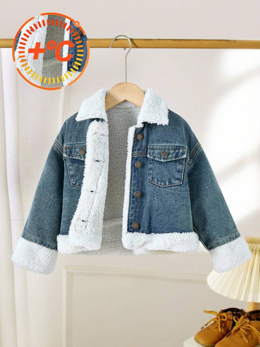 Young Girl' Blue Denim Fleece Lined Loose Fit Long Sleeve Short Jacket,Adding Fleece And Thickening For Warmth   Jacket Fall Winter