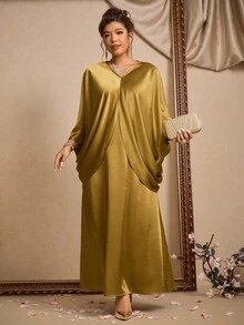 Cravure 聖誕大尺碼女款兩件套，深V寬鬆中袖上衣與緞面吊帶裙，金屬光澤，優雅正式，芥末黃，適合秋季派對宴會 - 金色 - 查看 7