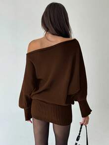 Aloruh Y2K 风格百搭不对称肩长袖修身腰身毛衣裙，休闲/通勤，秋冬复古美式美学