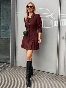 Vivie Lora 女款V領翻領西裝洋裝短裙，校園風 - 粉色 - 查看 6