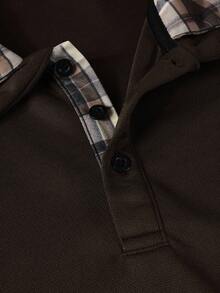 Manfinity Homme 男士休闲格子拼布 Polo 衫，秋季 - 咖啡棕 - 查看 3