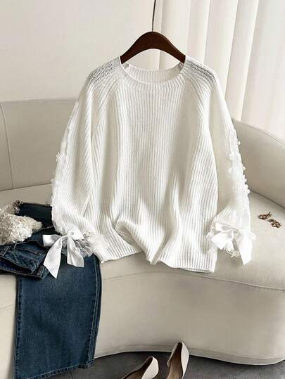 Firerie 加大码长袖套头衫，镂空蝴蝶结袖，网眼花卉提花针织可爱仙女秋季宽松杏色毛衣，适合情人节、音乐会、表演、约会、正式晚宴、舞会、婚礼季节、性感、优雅、通勤、返校、度假、海滩、浪漫、办公室女士、美人鱼风格、生日派对