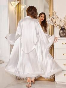 MuseNap CURVE Bộ váy dài và áo choàng bằng vải satin chắp vá sang trọng cỡ lớn, mùa đông - trắng - Xem 2