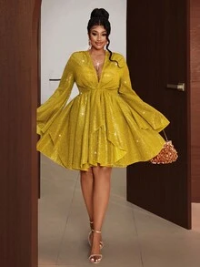 Maweii Plus Size Women's Elegant Party Sexy Sequin Deep V Short Dress