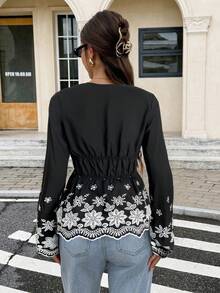 Serisse 女士优雅通勤花卉刺绣领带衬衫 - 黑色 - 查看 2