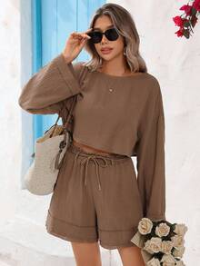Vivid Eden Women's 100% Cotton Solid Cropped Top And Shorts 2 Pieces Set,Coffee Brown,Autumn,Casual,Vacation,Holiday Comfortable Fall Clothing Two Piece Set - Multicolor - View 1