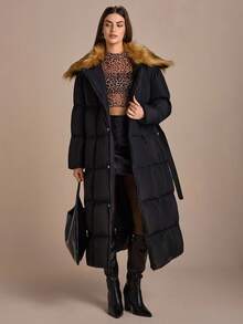 CLARA VERO Women's Solid Belted Detachable Trimmed Faux Fur Detailed Elegant Oversized Long Winter Coat - Black - View 4