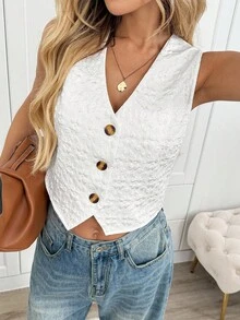 Easowa Cream-Colored Jacquard Fabric Vest Waistcoat Women Shirt - White - View 6