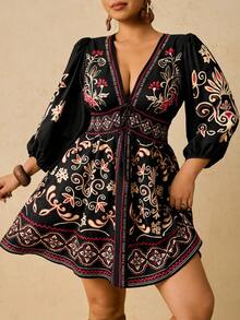 SHEIN CURVE+ 大码波西米亚风印花前系蝴蝶结V领长袖短款休闲连衣裙，适合秋季穿着。 - 彩色 - 查看 6