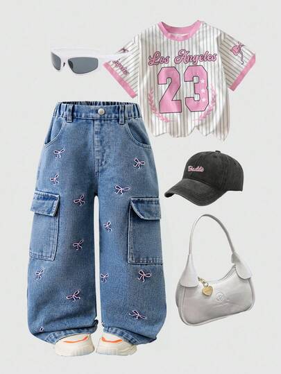 女童新款黑色水洗休闲宽松时尚可爱蝴蝶结刺绣休闲工装牛仔裤，多口袋，百搭时尚，适合日常穿着