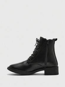 CUCCOO BIZCHIC 女士圆头厚底系带经典黑色踝靴和短靴，舒适日常通勤百搭秋冬系带靴 - 黑色 - 查看 9