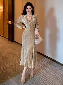 DAZY 女式 V 领天鹅绒腰部收腰超长鱼尾连衣裙，优雅中长礼服舞会礼服 - 杏色 - 查看 3