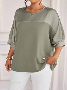 Cravure Plus Size Round Neck 3/4 Sleeve Foil Fabric Patchwork Contrast Color Woven Fabric Cuff Raglan Sleeve Casual Outgoing Holiday Commute Party Pullover Shirt - Green - View 7