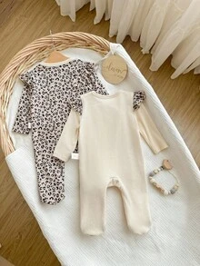 2 件套新生女婴可爱休闲针织豹纹荷叶边长袖连体睡衣 - 彩色 - 查看 2