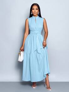 SOLERSUN Đầm nữ thời trang giản dị thanh lịch, cổ đứng phía trước cắt xẻ không tay, eo thắt nơ màu xanh - Màu xanh lam - Xem 5