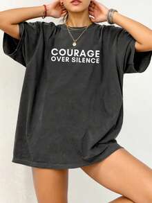 EMERY ROSE Áo thun cổ tròn tay ngắn dáng rộng thoải mái cho nữ, mùa hè - Màu xám đen - Xem 2