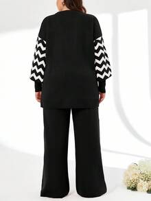 SHEIN Cottnline Plus Size Striped Color Block Sweater And Pants Two-Piece Set, For Winter - Black and White - View 2