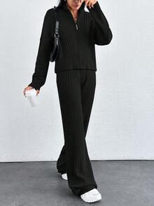 EURMUSE Drop Shoulder Zip Up Cardigan & Knit Pants - Black - View 4