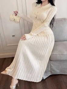 DAZY 女士优雅纯色翻领开衫和裙子两件套，秋季 - 米色 - 查看 7
