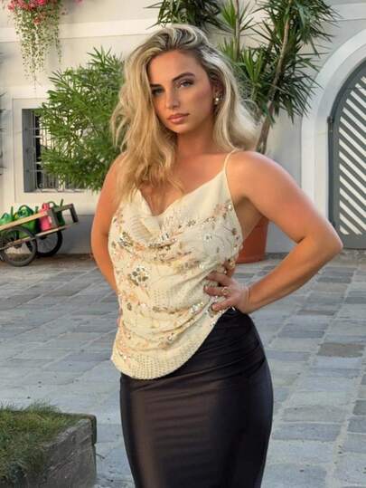 Jeta Ari 女士优雅亮片装饰露背挂脖上衣，夏季