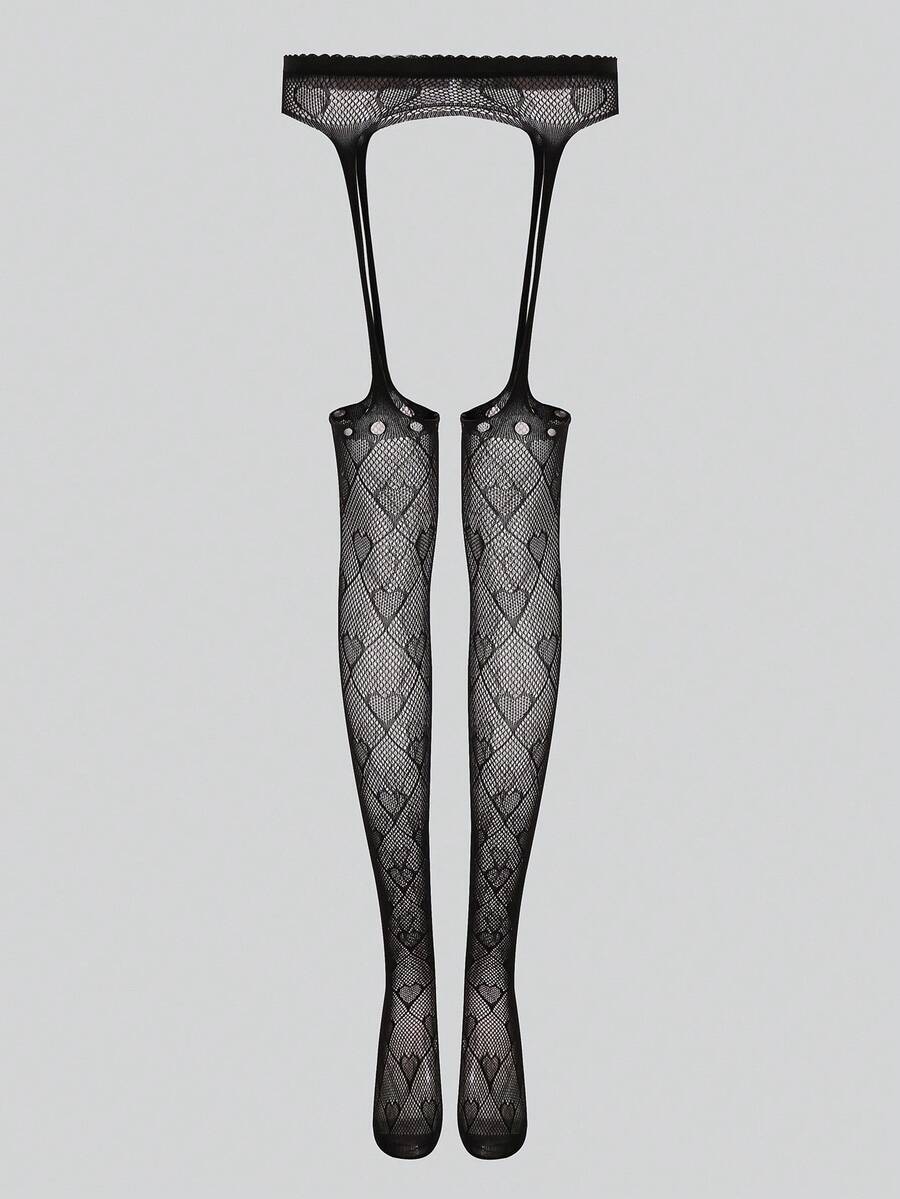 SHEIN 1 Pair Women's Fashionable Sexy Heart Fishnet Stockings - Black - View 1