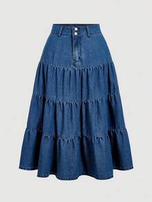 SHEIN MOD Chân váy denim nhiều lớp giặt thường ngày cỡ lớn - Màu xanh lam - Xem 1