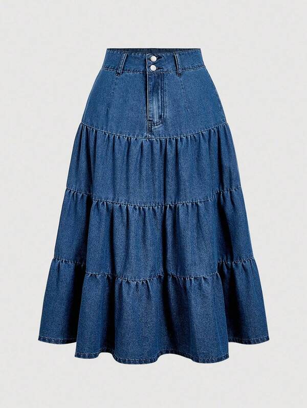 SHEIN MOD Falda vaquera casual de talla grande con múltiples capas y lavado