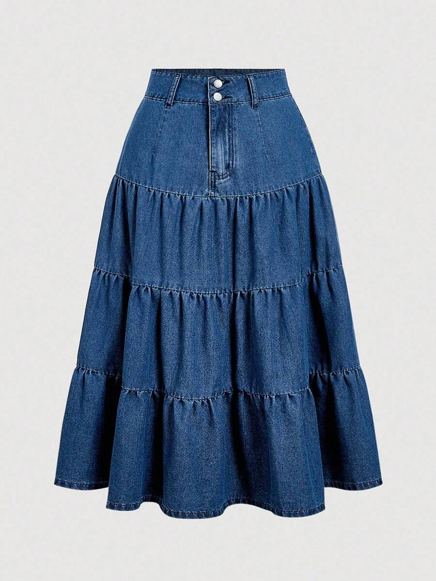 SHEIN MOD Chân váy denim nhiều lớp giặt thường ngày cỡ lớn - Màu xanh lam - Xem 1